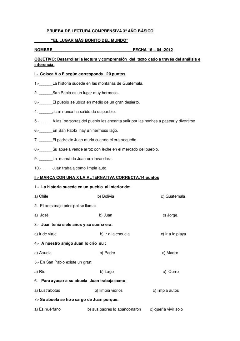 Prueba de lectura comprensiva 3º año bàsico