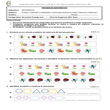 Prueba de matemática patrones 1 a b