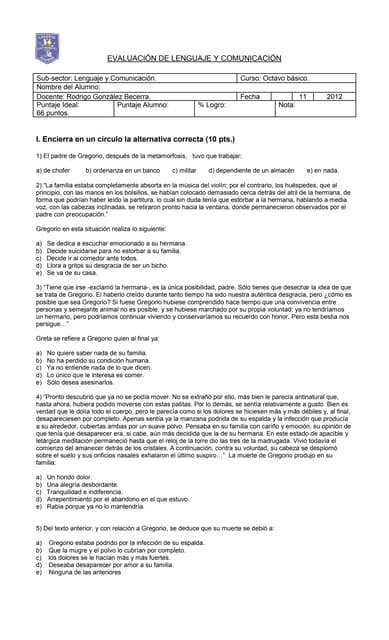 Guia De Control De Lectura De La Metamorfosis De Kafka