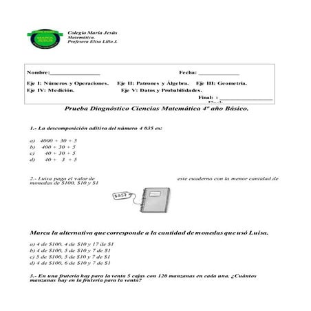 Prueba diag. 4º matematica 