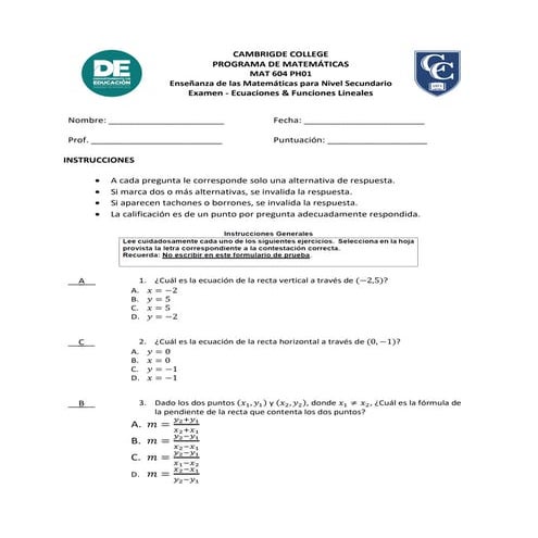 Prueba diagnóstica de Algebra sobre Ecuación Lineal