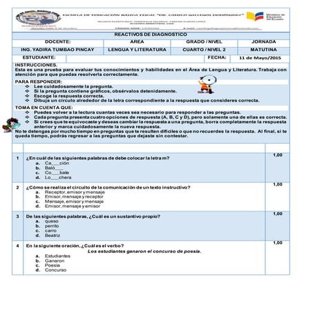 Prueba  de Diagnostico 2015   Cuarto Grado de E.G.B