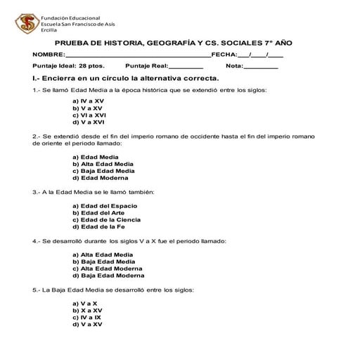 Prueba historia 7º año