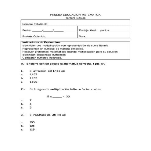 Prueba  matematica 3 basico