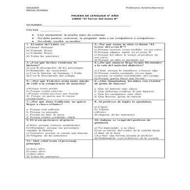 Prueba libro el terror del sexto b  6° año 2015