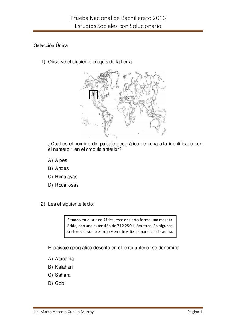 Prueba Nacional De Bachillerato 2016 Estudios Sociales