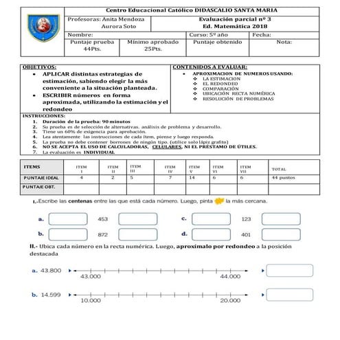 Prueba quinto basico primer trimestre redondeo