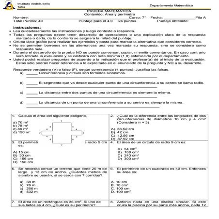 Prueba área y perímetro 7° 2015