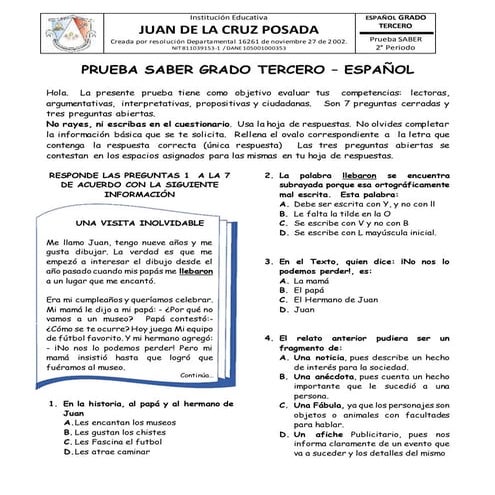 Prueba saber 3 periodo ii español