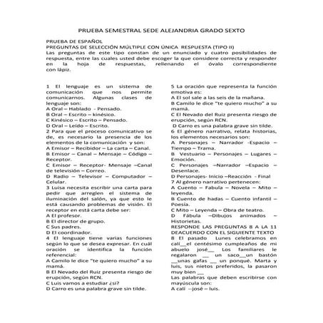 Prueba semestral sede alejandria grado sexto