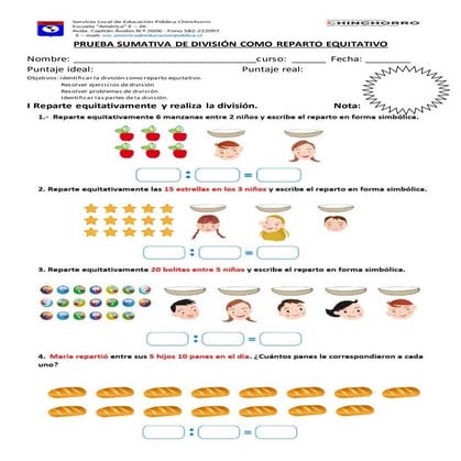 Prueba sumativa de división como reparto equitativo