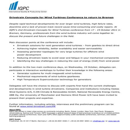 Press Release 2nd Drivetrain Concepts for Wind Turbines Conference 