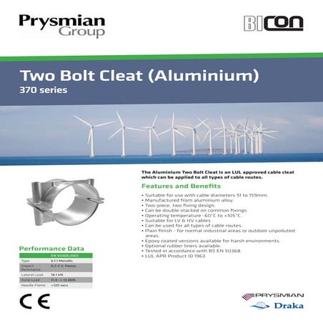Prysmian BICON 370 2 Bolt Cable Cleats - Spec Sheet