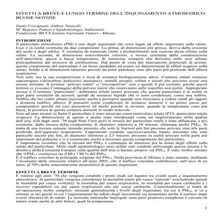 Crosignani P. Effetti a breve e lungo termine dell’inquinamento atmosferico: buone notizie