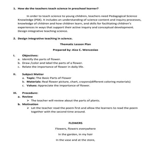 Lesson plan in science for kindergarten patricio | DOCX