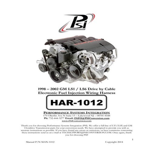 Manual: Wiring Harness 1998 – 2002 GM LS1 / LS6 Drive by Cable  Electronic Fu...