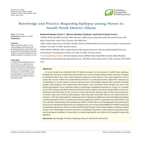 Knowledge and Practice Regarding Epilepsy among Nurses in Asutifi North Distr...