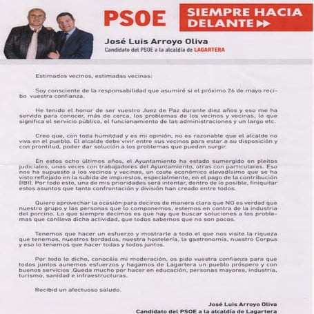 PSOE lagartera carta Jose Luis Arroyo Propaganda