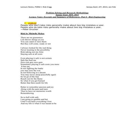 Problem Solving and Research Methodology: Part-I- Risk Engineering - Excerpts...