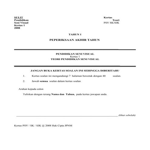 Soalan-soalan Peperiksaan Teori Pendidikan Seni Visual Tahun 1