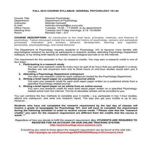 Psych 101  general psychology syllabus fall 2012 queens college