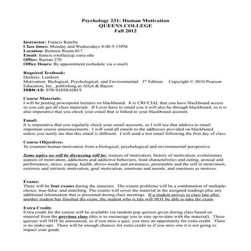 Psych 231    psy of human motiv (queens college) fall 2012 syllabus