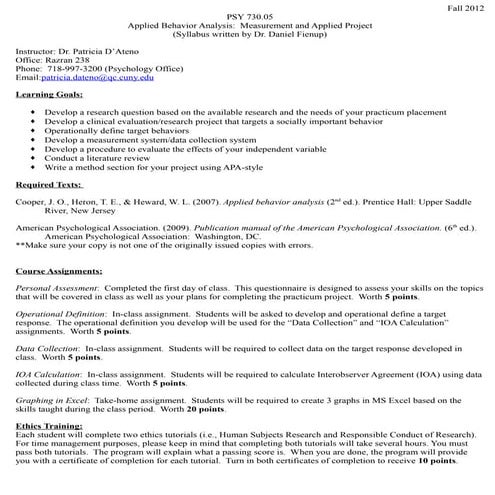 Psych 730.05  prac appld behavior (queens college) fall2012 syllabus