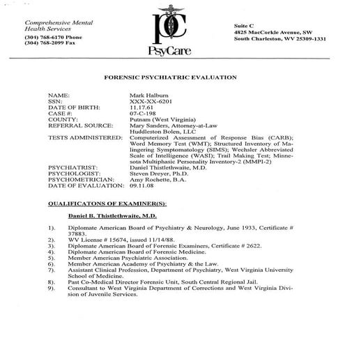 Forensic Psychiatric Mental Evaluation - Mark Vance Halburn 07c-198