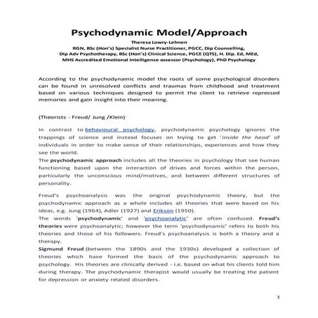 Psychodynamic Model/Approach. By Theresa Lowry-Lehnen. Lecturer of Psychology