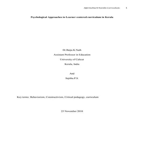 Psychological approaches to learner centered curriculum in kerala