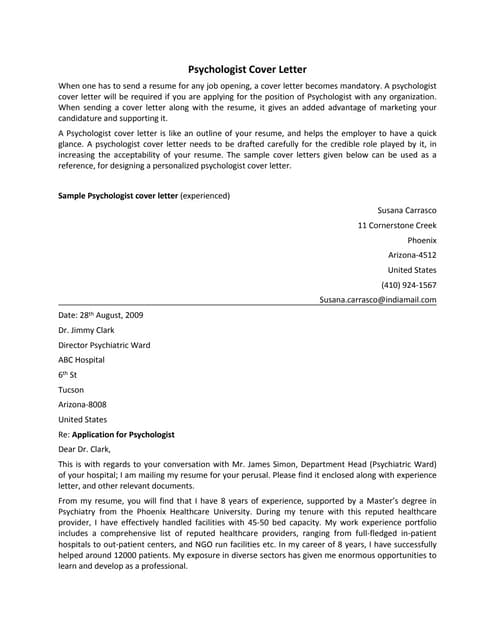 psychologist cover letter
