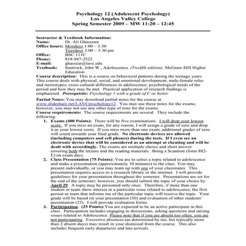 Psychology 12 Syllabus  Sp 09