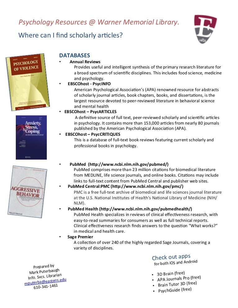 Psychology Resources Warner Memorial Library.