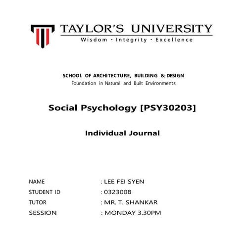Social Psychology journal assignment 1 - 0323008