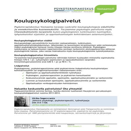 Psykoterapiakeskus Vastaamo - Koulupsykologipalvelut