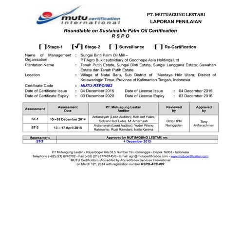 PT Agro Bukit RSPO Initial Assessment Summary Report