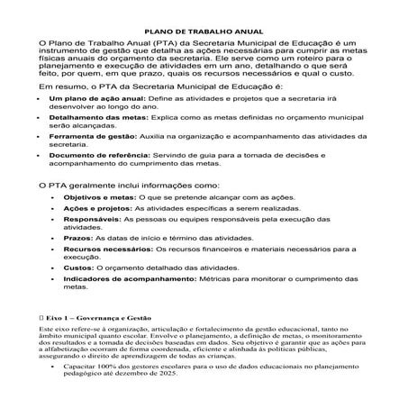 Planejamento de trabalho Anual - PTA 2025 | PDF
