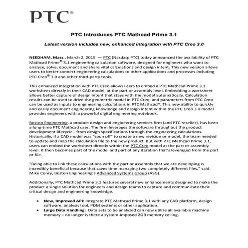 PTC Introduces PTC Mathcad Prime 3.1
