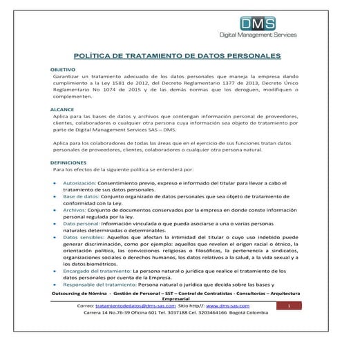 POLÍTICA DE TRATAMIENTO DE DATOS PERSONALES