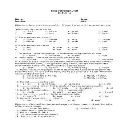 English 6 Periodical Test Third Quarter Examination