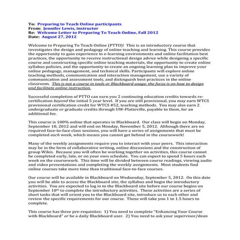 PTTO Welcome Letter, Fall 2012