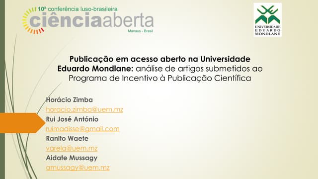 Publicação em acesso aberto na Universidade Eduardo Mondlane: um olhar sobre os artigos submetidos no âmbito do programa de incentivo à publicação científica