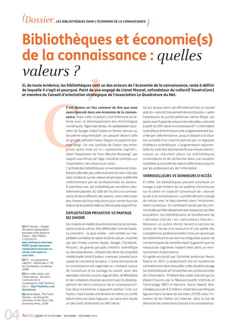 Bibliothèques et économi(s) de la connaissance : quelles valeurs ? 