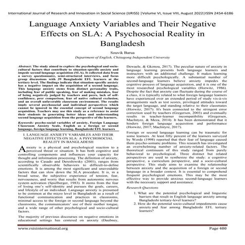 Language Anxiety Variables and Their Negative Effects on SLA: A Psychosocial ...