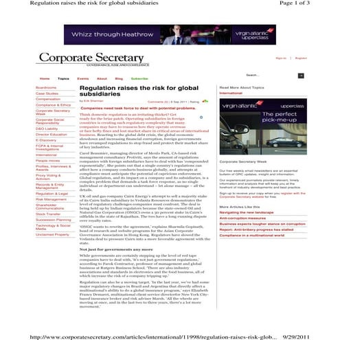 Regulation raises the risk for global subsidiaries