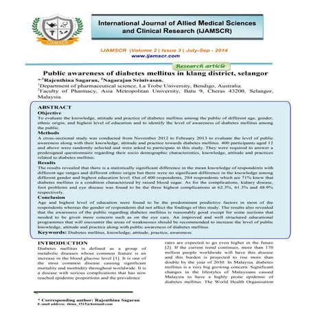 Public awareness of diabetes mellitus in klang district, selangor