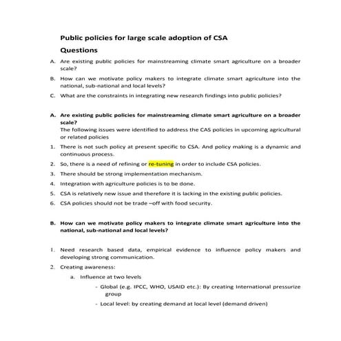 Public policies for large scale adoption of climate smart agriculture 