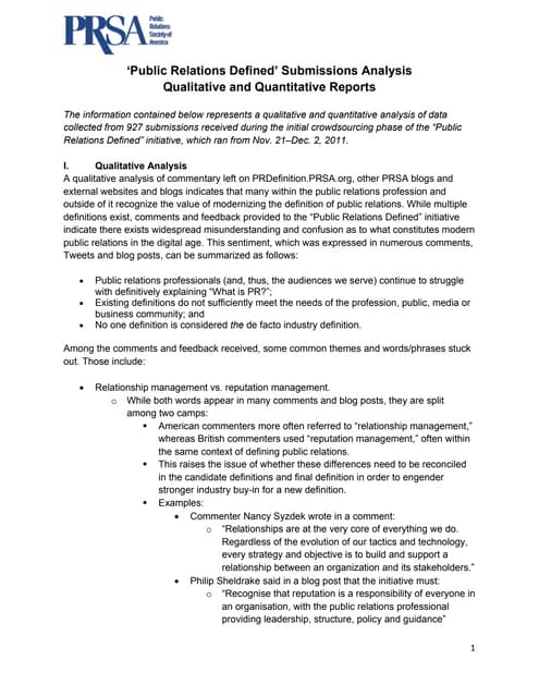 Public Relations Defined Submissions Analysis