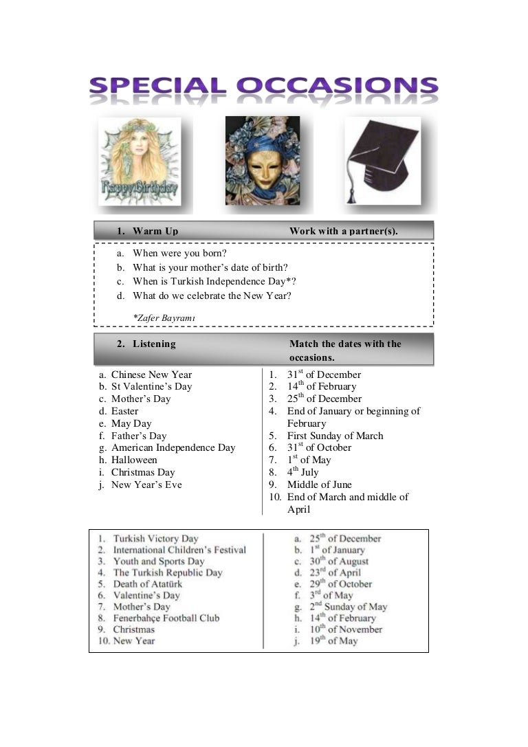 Special Occasions Dates and Years