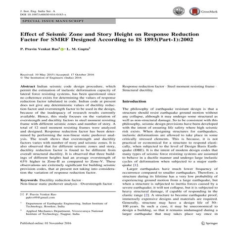 Effect of Seismic Zone and Story Height on Response Reduction Factor for SMRF...